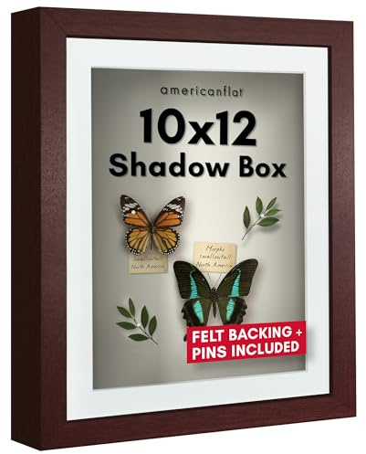 Americanflat 10x12 Shadow Box Frame in Mahogany with 8x10 Mat and Soft Linen Back - Large Shadow Box Frame with Engineered Wood and Shatter-Resistant Glass for Wall or Tabletop Display