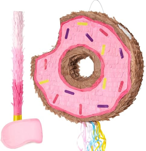 WERNNSAI Piñata de Donut - Piñata Rosa de Donut con Cordón de Tirar con Venda para los Ojos y Palo para Decoraciones de Fiesta de Cumpleaños de Niños y Niñas Suministros de Juegos de Fiesta Dulce para