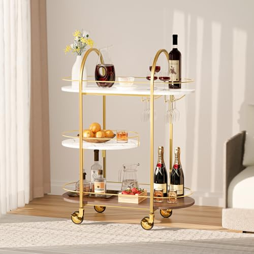 DAWNYIELD Chariot de Bar Mobile Ovale 3 Niveaux, Chariot à Boissons avec Roues Bloqables et Porte-Verres, Chariot de Service Roulant pour Cuisine Salon Fête Bar Maison, Doré