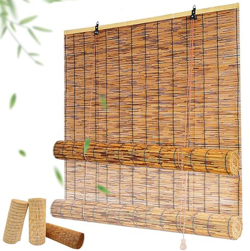 Outdoor Roller Reed Blinds Porch Bamboo Shades 55 60 70 90 100 120 140 150 160 182cm Wide Roman Blinds Customisable with Lifter, Privacy Protection, No Drill, Blackout Blinds for Patio Roll Up
