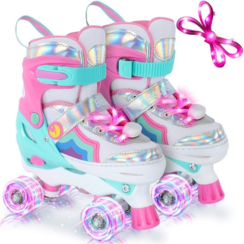 BELEEV Patines para Niños Patines Roller Ajustables con 8 Ruedas LED Luminosas y Cordones para Niñas Niños Principiantes, Seguros Divertidos, Cadeau de Cumpleaños Navidad para Adolescentes -Pink S