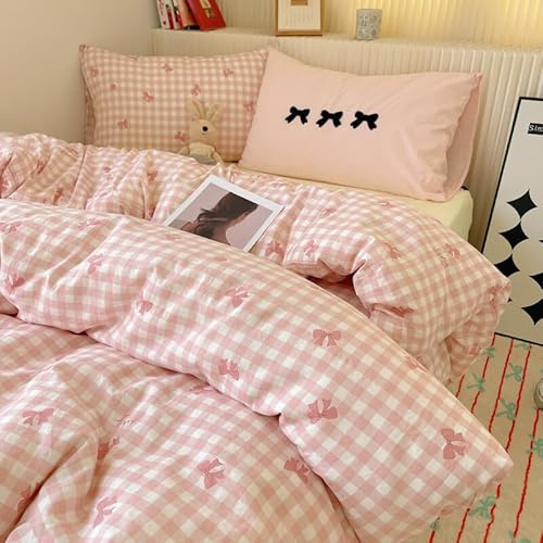 Nyescasa Housse de Couette 200x200 Rose et Blanc à Carreaux Vichy et Nœud Papillon Rose Parure de lit Adulte 2 Personnes en Microfibre Linge de Lit avec Fermeture Éclair et 2 Taies d'oreiller 65x65 cm