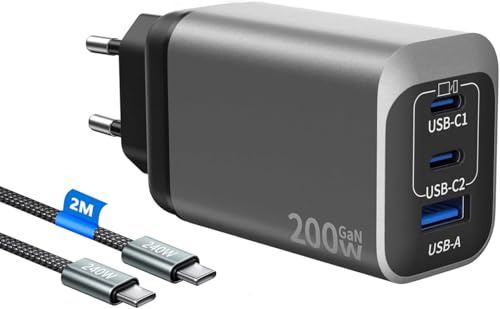 USB C-laddare 200 W, 3-port GaN Tech USB-C strömförsörjning PD+PPS snabbladdare, bärbar dator laddare flera, strömadapter med 2 m C-C-kabel, kompatibel med MacBook Pro/iPhone 16 Pro Max/16