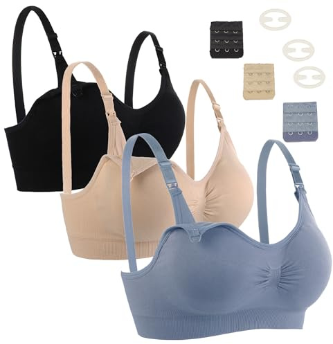 Seitop Soutien-gorge d'allaitement pour allaitement, soutien-gorge de maternité, sans armatures, sans couture, pour femme, Noir/beige/bleu, Taille XL