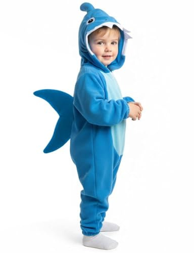 Hajdräkt för barn – X-Small – blå onesie med bifogad hajhuva, fena och svans – barn pojkar flicka havsdjur halloween värld bok dag maskeraddräkt