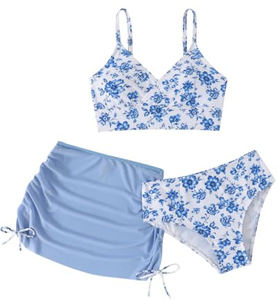 Momkonzz Girls Swimming Costume Kids Swimsuits Bikini Set 3 Piece Bathing Suits Teen Flower Bikini Strap Set with Skirt Cover Up Surfing Beach Swimwear Light Blue 11-12 Years