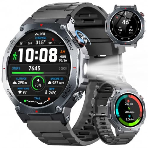 Reloj Inteligente Hombre Militar con GPS y Linterna LED, 5ATM Smartwatch con Brújula llamadas Bluetooth Pulsómetro Oxímetro Sueño, 1.43AMOLED Reloj Deportivo con 160+Modos Deportivos para IOS Android
