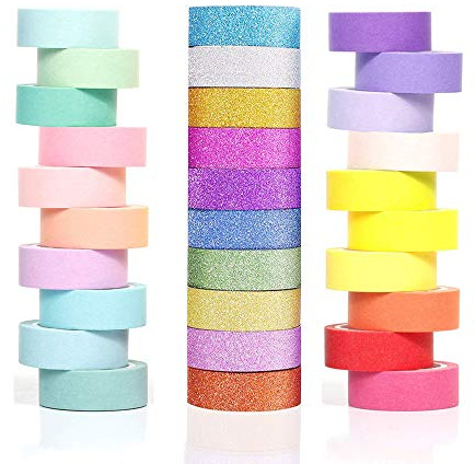 Phantomon - Rollo de cinta adhesiva Washi (15 mm, 15 mm, para enmascarar y decoración de múltiples usos, colores con purpurina para niños, costura, scrapbooking, periódico