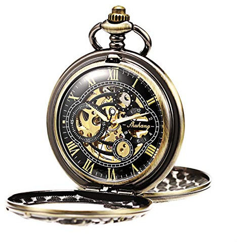 TREEWETO Reloj de bolsillo mecánico para hombre Dream Dragon Skeleton Semi Cazador doble apertura caja plateada/bronce/negra para hombre, Retro