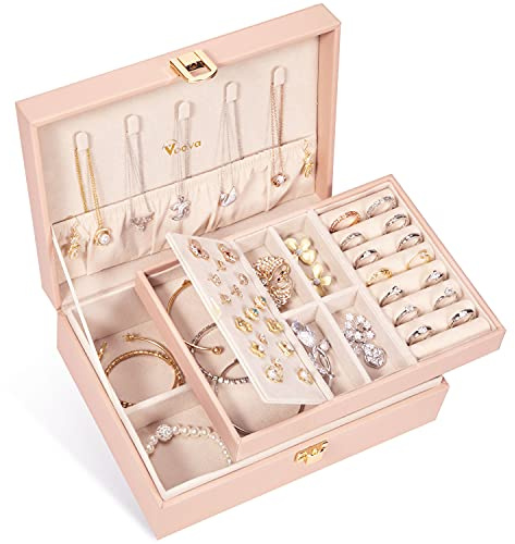 Voova 2-Layer Jewelry Box Organizer, Jewellery Storage Case Pink | PU Leather Jewlerrying Display Holder for Women Girls with Removable Tray Ring Earring Bracelet Necklace Holder