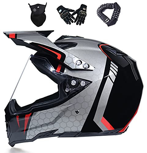 VOMI Casque de Motocross Set Adultes Casque BMX Unisexe avec Gants, Masque et Serrure de Casque, 4 Pièces, Casques Moto Cross Enfants avec Visière, Casque VTT pour Quad Enduro Scooter,Rouge,XXL