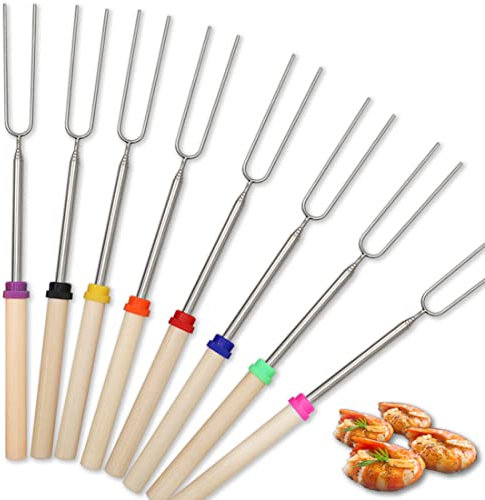 8 Pack Barbecue Forks, Marshmallow Roasting Sticks Extendable Stainless Steel Hot Dog Fork with Wooden Handle Retractable BBQ Telescoping Skewers for Camping, Bonfire, Fireplace, Picnic