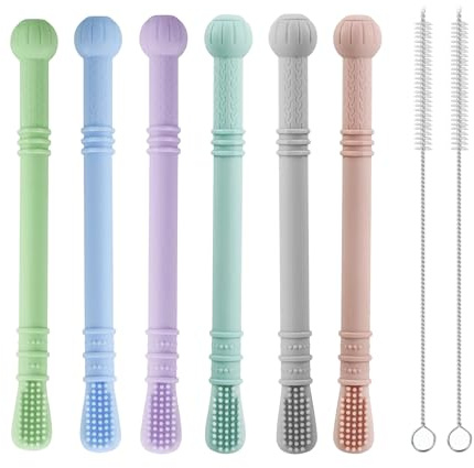 PandaEar Baby Teether Tubes| Paquete de 6 juguetes mordedores de silicona suave en forma de pajita para la dentición de bebés y niños pequeños, con 2 cepillos de limpieza, aptos para lavavajillas