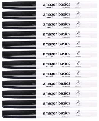 Amazon Basics Whiteboard-Marker, geruchsarm, ultrafeine Spitze, trocken abwischbar, Schwarz, 12 Stück