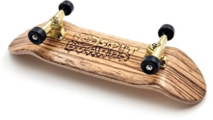 SPITBOARDS® 32 mm Fingerboard Complete Real Wood Set-Up (Pre-Assembled, 5-Layers), Trucks with Lock Nuts, Bearing Wheels, Foam Grip Tape, (Deck: Zebra Wood, Trucks: Gold, Wheels: Black)