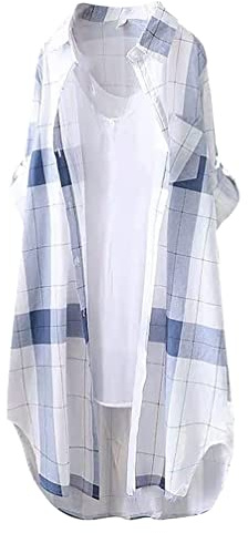 Minetom Chemisier Long Femme Casual Blouse Longue À Carreaux Chemise Shirt Tunique Lâche Manches Longues Boutons Hauts Tops D Bleu L