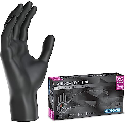 100x ARNOMED® Gants en nitrile taille XS Noir, Gants à usage unique pour chirurgie & laboratoire, Gants en nitrile sans poudre et sans latex, Moufles en nitrile en XS, S, M, L, XL, XXL