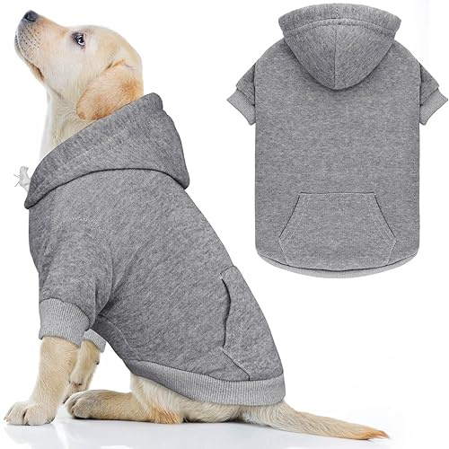 Sudadera con capucha para perros grandes, suéter de perro sólido suave de forro polar cepillado, ropa para perro, sudadera con capucha para perro con bolsillo (gris-L)