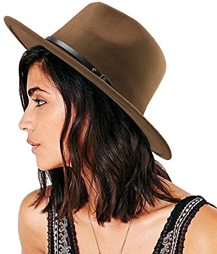 DRESHOW Damen Fedora Hut Filzhut Lederband Hüte Winter Mode Fedora Hut Mit Breiter Krempe Filzhut Outdoorhut
