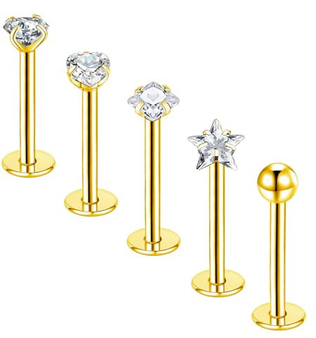 Gojewen 5er Lippenpiercing 10mm Labret Stecker Chirurgenstahl 1,2mm Piercing Lippe Helix Monroe Medusa Schmuck Gold