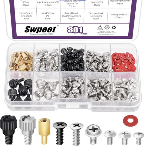 Swpeet Juego de 310 tornillos para ordenador para placa base, tornillos de montaje para PC, juego de tornillos para placa base, disco duro, disco duro, PC, ventilador de alimentación, bricolaje,