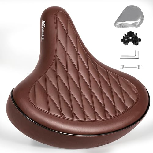 Lewee Brown Wide Bike Seat for Men Women, Comfortable Saddle with Memory Foam & Dual Spring Shock Absorption, Waterproof Leather Cushion for Beach Cruiser, City Commuter Road & Mountain Bikes (Brown)