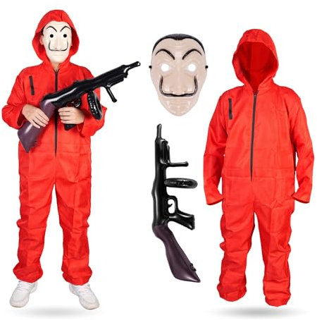 Costumed 3 Teilig Haus des Geldes Kostüm Set - mit Dali Maske, aufblasbares Gewehr, Einheitsgröße Overall rot - für Erwachsene Unisex für Fasching & Halloween (180-200cm)