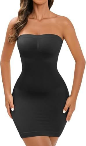FXTYK Vestido sin tirantes con control de abdomen, ropa interior moldeadora para mujer, enagua fuerte, ropa interior para mujer, correa de hombro desmontable, camisola moldeadora completa, Negro , M