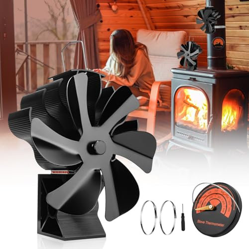 highsam Ventilador de Estufa, 6 Aspas Ventilador de Chimenea, Giratorio Ventilador Para Estufa de Leña con Termómetro, Silencioso Sin electricidad Para Leña/Pellets (1 unidades)