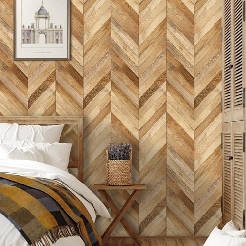 ANHUIB Herringbone Wood Wallpaper Wood Grain Peel and Stick Self Adhesive Contact Paper 44x300cm Wooden Wall Vinyl Wrap Vintage Herringbone Textured Natural Wallpaper for Living Room Bedroom Furniture