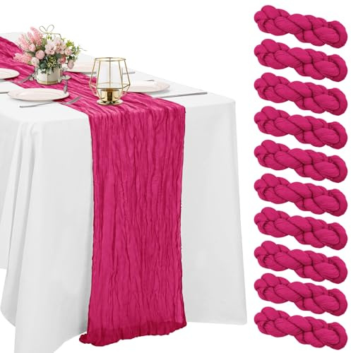 HAISIWLKJ Confezione da 10 runner da tavola in garza bohémien da 3 m, in tessuto rustico, vintage, velato, per feste nuziali, decorazioni per baby shower (fucsia)