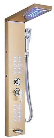Duschpanel, Mattsvart LED Duschpanel Vattenfall Regn Dusch Kran Set SPA Massage Jet Bad Duschpelare Dubbelhandtag Blandare Krantorn(6002 Gold)