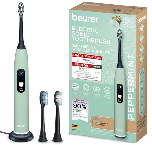 Beurer SC 50 - Cepillo de dientes eléctrico sónico con 5 modos de cepillado y sensor de presión, 80.000 vibraciones, pantalla con indicador de tiempo de cepillado, incluye 2 cabezales de cepillo