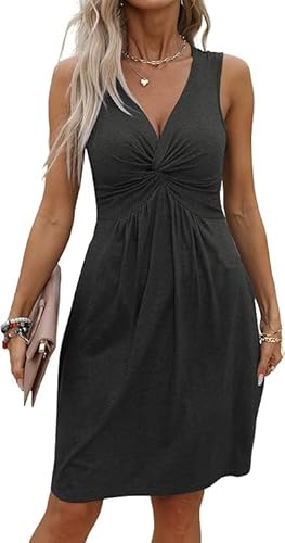 GRMLRPT Robe Femme Col en V Chic et Elegant Robes sans Manche Décontractée Robe de Plage Été Courte Couleur Uni(Noir-2,L)