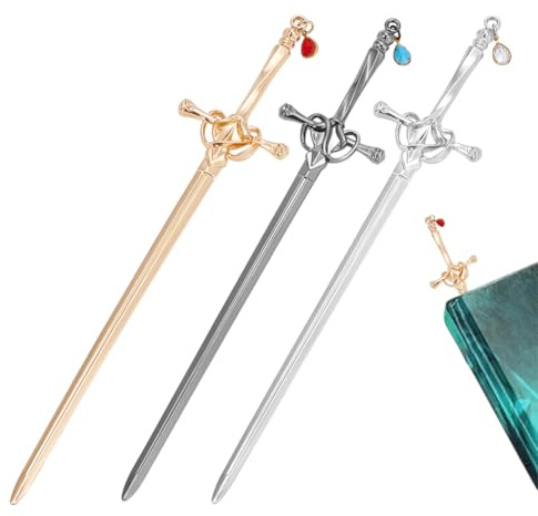 UNICRAFTALE 3 stycken 3 färger svärd katana bokmärken vintage metallhängen bokmärken svärd bokmärken berlocker med glas för bokälskare gåvor för läsning och hantverk