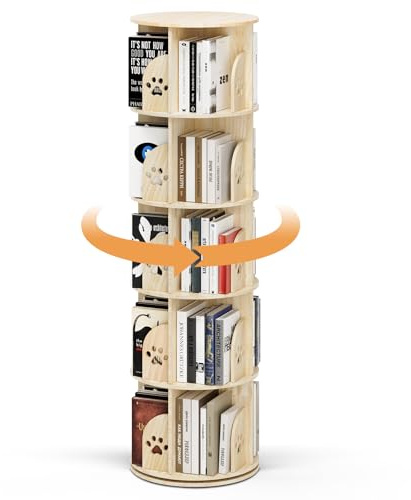 MINENICE Libreria girevole in legno a 360°, scaffale multifunzionale in legno massello con 5 ripiani regolabili, 46x46x160 cm, ideale per libri e decorazioni