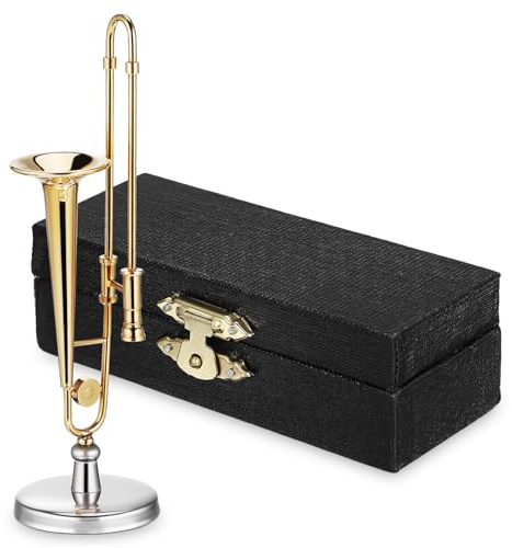 Parliky Mini Trombone Décor Cuivré Or Miniature Instrument de Musique avec Étui et Support pour Maison de Poupée et Accessoires de Collection