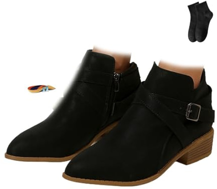 POIOZXD Botines de cuero con correa de hebilla y tacón grueso con cremallera lateral, cómodos, puntera redonda, tacón bajo, botines de tobillo para mujer, Black, 38.5 EU