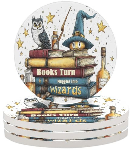 Ceramic Coasters for Drinks Set of 4, Absorbent Stone Cup Drink Coaster with Cork Base for Coffee Table Decor Tabletop Protection Mat for Mugs Cups Office Kitchen(Owl Books Turn Muggles Into Wizards)