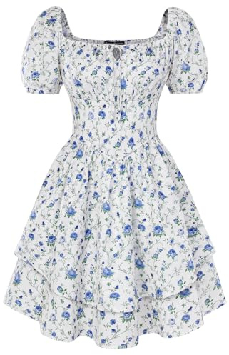 SCARLET DARKNESS Vestito Abito Corto Donna Rinascimentale Maniche Corte Palloncino Floreale Bianco Rami Fiori Blu M