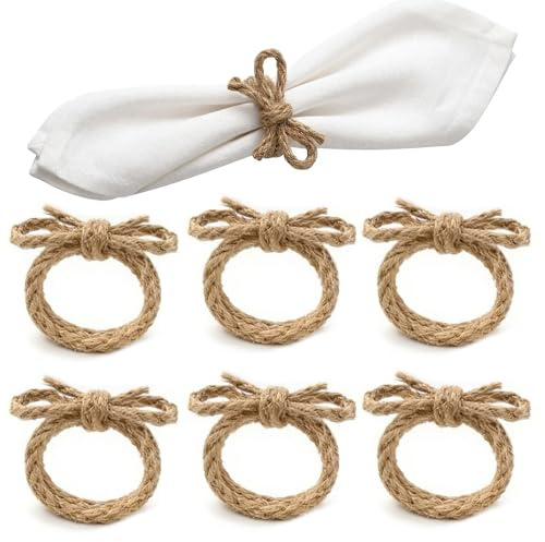 6 Piezas Servilleteros de Yute con Lazo, Estilo Rústico Natural, Hechos a Mano con Diseño Boho, Anillos para Servilletas Ideales para Decorar Mesas en Bodas, Fiestas y Uso Diario