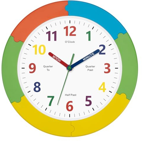 Lumuasky Reloj de pared analógico para niños, sin ruido de tictac, para aprender la hora, silencioso, multicolor, con minutos y horas, reloj de aprendizaje para habitación infantil, escuela, guardería