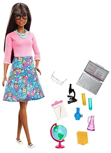 Barbie Artesanía Muñeca Profesora Morena con 10 Accesorios Educativos, Incluyendo Globo Giratorio y Ordenador Portátil, Juguete para Niño, GDJ35