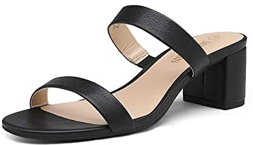 DREAM PAIRS Women's Two Strap Open Toe Low Block Chunky Heels Sandals Dress Pumps Casual Summer Mules Shoes,Size 8,Black/Pu,DHS213