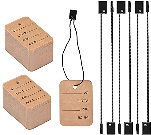 Worldity 1000 Pieces Price Tags with String, 1.38 x 1.97 Inch Kraft Paper Hang Clothing Tags with Nylon Ties, Snap Lock Fastener Clothing Labels for Clothing Retail Store