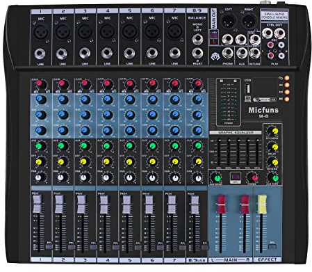 Live Mischpult Micfuns Professionelles 8 Kanal Stereo Sound Mischpult Bluetooth USB Aufnahme Computerwiedergabe Phantomspeisung USB DigitalAudio Mixer Verstärker