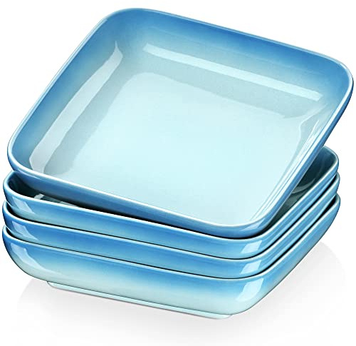 LOVECASA Set of 4 Stoneware Soup Plates 1050 ml - Square Pasta Plate - 21 x 21 x 4.5 cm - Gradient Sky Blue