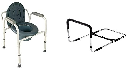 Silla con WC | Inodoro | Con tapa | Conteras antideslizantes | Reposabrazos acolchados | Regulable en altura | Acero cromado + Barrera de Cama Extensible, 94 x 51 cm