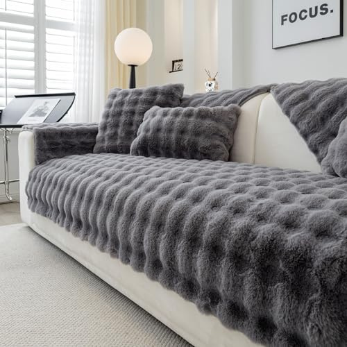 Mjukt, tjockt fodral i plysch för soffkuddar, halkfritt sofföverdrag, 1/2/3-sits, soffskydd, fluffig fuskpäls, hörnsoffa, L-format möbelskydd för vardagsrum (mörkgrå, 70 x 90)