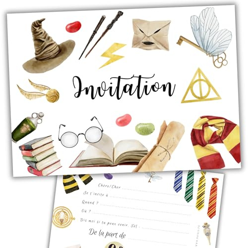 Naïris bijoux Lot de 8 cartes invitation anniversaire enfant - Mixte Fille ou Garçon - Magie - Sorcier - Sorcière en Aquarelle